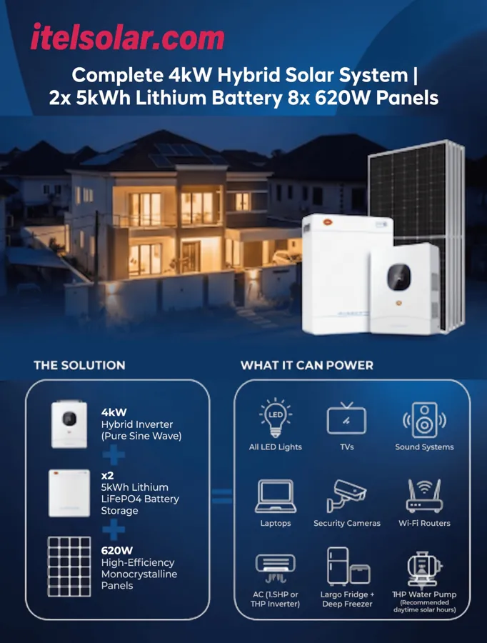 itel Complete 4kW Hybrid Solar System — 2x 5kWh Lithium Battery + 8x 620W Panels