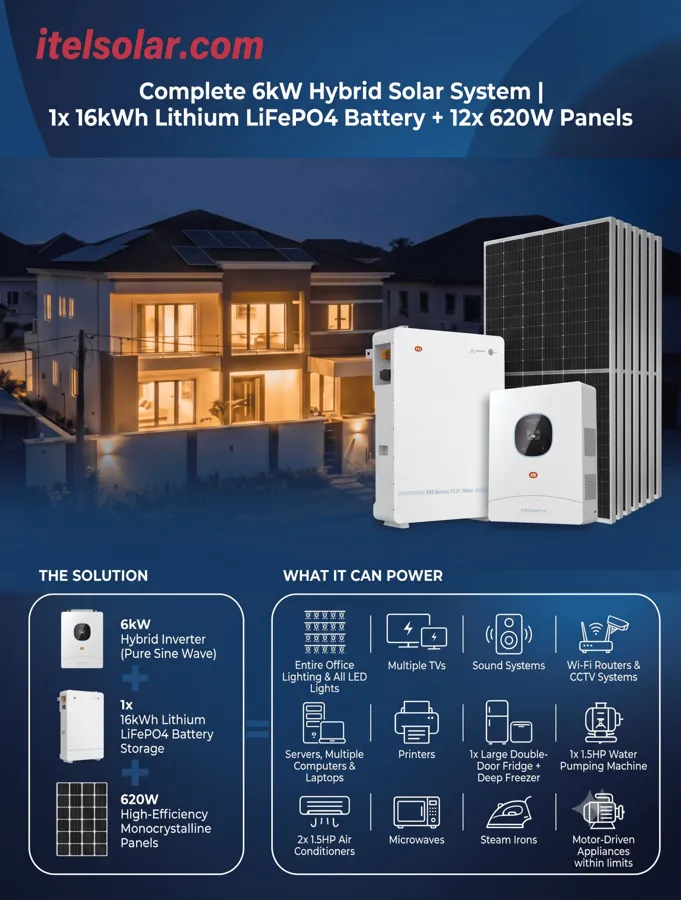 itel Complete 6kW Hybrid Solar System — 16kWh Lithium LiFePO4 Battery + 12x 620W Panels